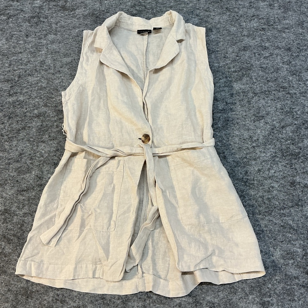 Tahari Linen Collared Sleeveless Blazer Elevated Natural Cream Top Size S